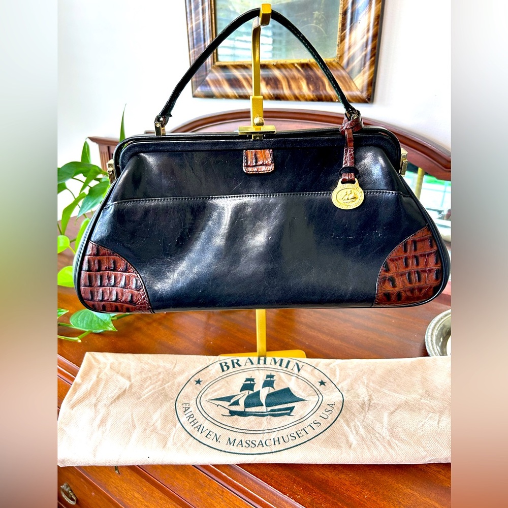 Brahmin Black and Brown top handle clutch with Structured Design